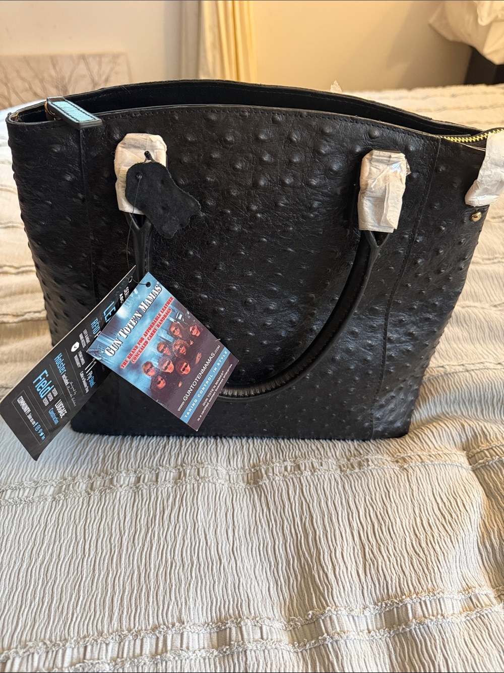 Gun Tote’n Mamas Black Ostrich-Texture Tote Bag Top Grain Leather NWT